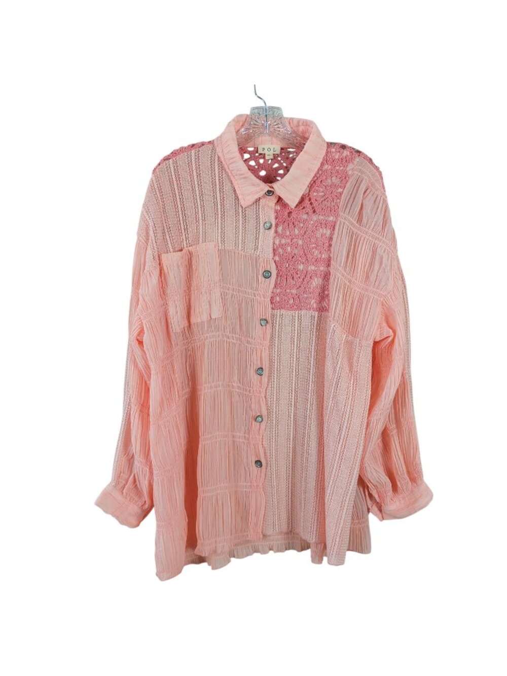POL M/L Pink Patchwork Crochet Lace Mixed Media Button Down Boho Blouse Shirt